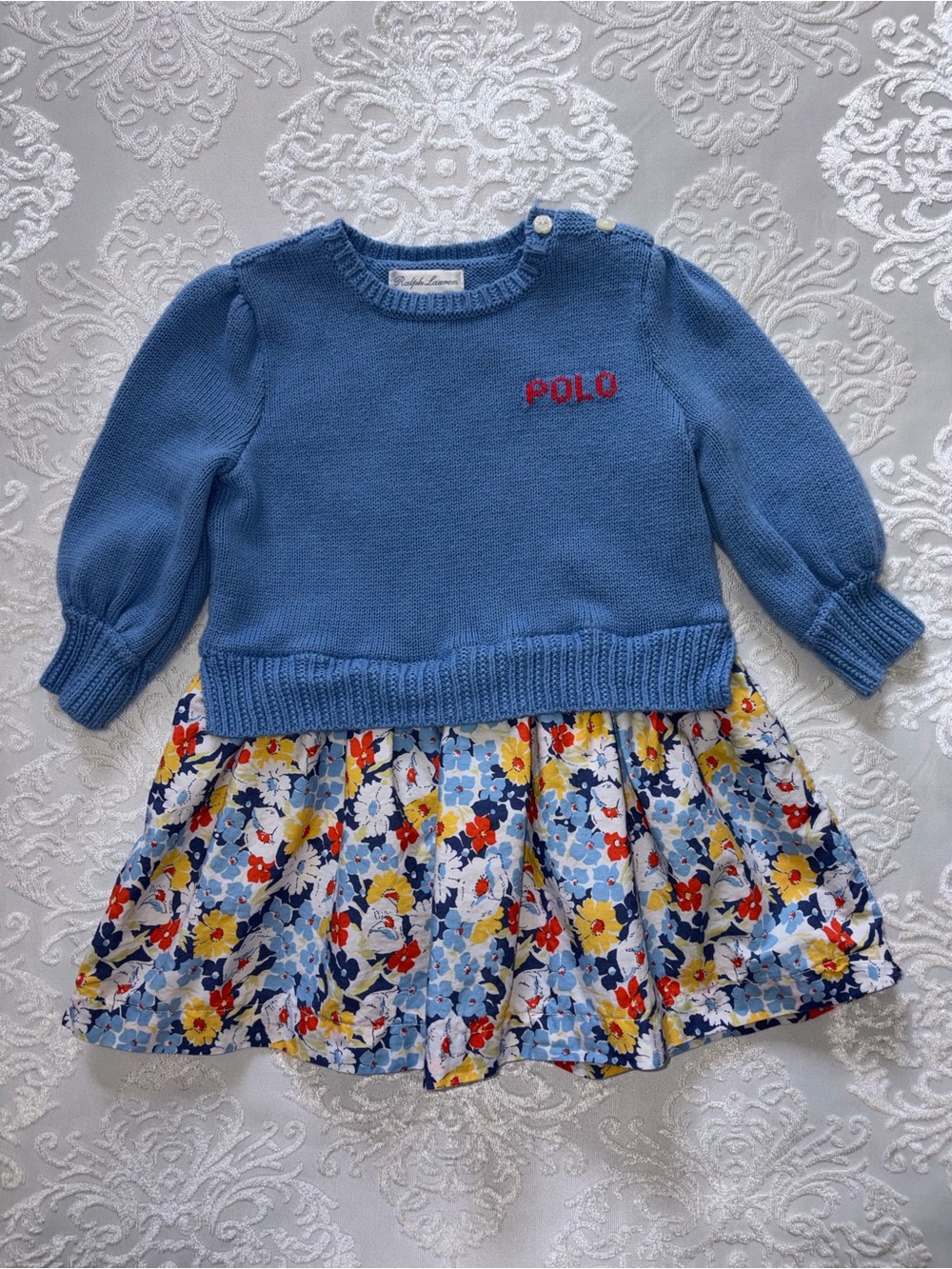 Ralph Lauren Polo Girls Sweater Dress Floral Cotton Skirt Size 9-12 Month